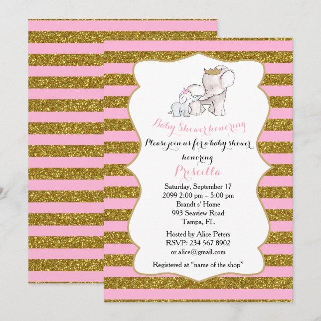 Baby Shower GIRL, strip,pink,glitter,elephants Invitation (Front/Back)