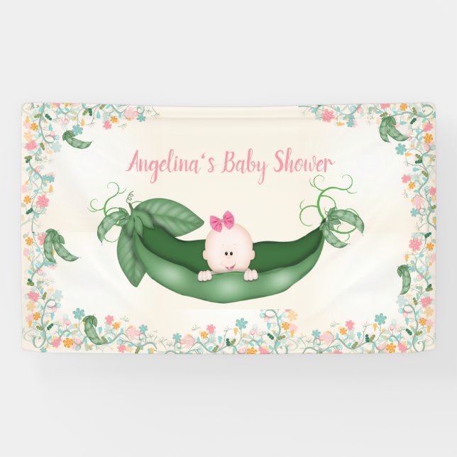 Baby Shower Girl Sweet Pea Pink Bow Peapod Banner (Horizontal)