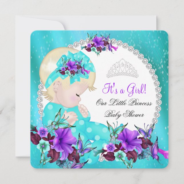 Baby Shower Girl Teal Blue Purple Floral 3 Invitation (Front)