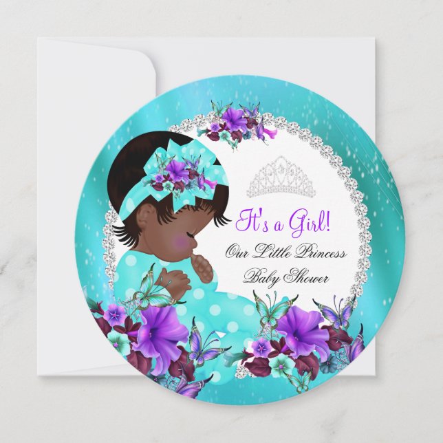 Baby Shower Girl Teal Blue Purple Floral Invitation (Front)