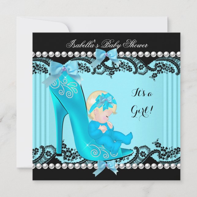 Baby Shower Girl Teal Blue Shoe Blonde Invitation (Front)