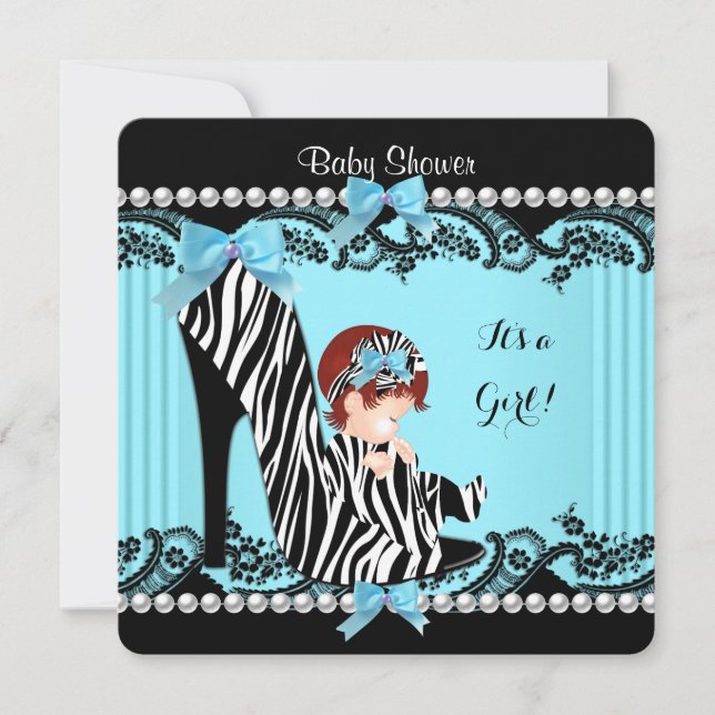 Baby Shower Girl Teal Blue Zebra Red Hair Invitation (Front)