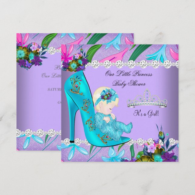 Baby Shower Girl Teal Purple Floral Shoe Blonde Invitation (Front/Back)