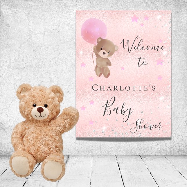 Baby shower girl teddy bear pink silver welcome poster (Creator Uploaded)