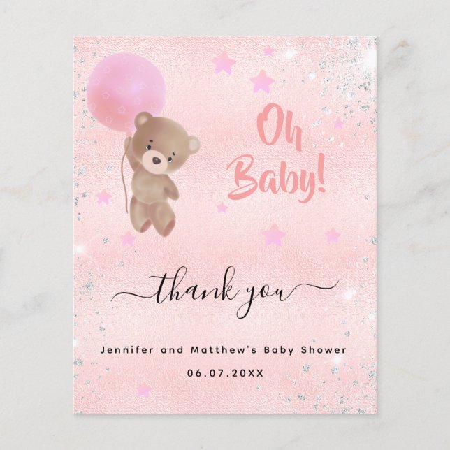 Baby Shower girl teddy bear pink thank you card (Front)