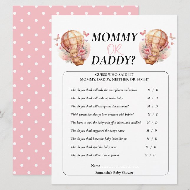 Baby Shower Girl Teddy Mummy Daddy Balloon Pink    Invitation (Front/Back)