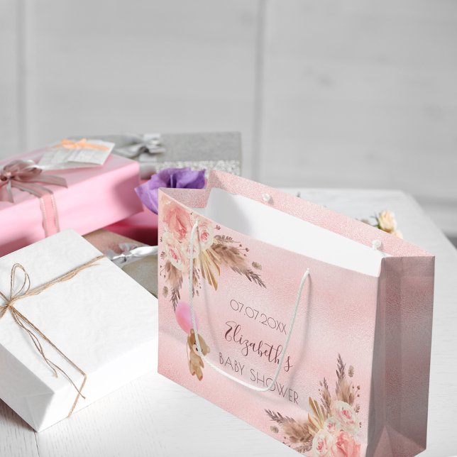 Baby Shower girl teddy pampas grass pink floral Large Gift Bag (Creator Uploaded)