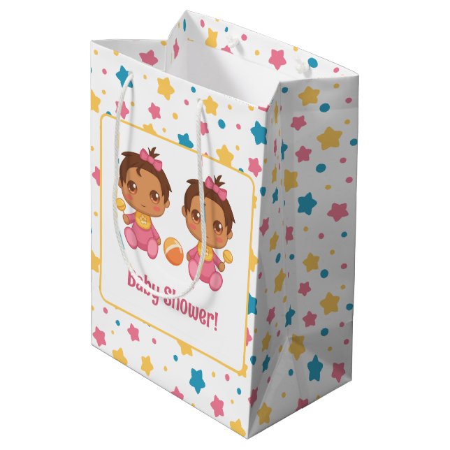 Baby Shower Girl Twins Stars Dark Medium Gift Bag (Back Angled)