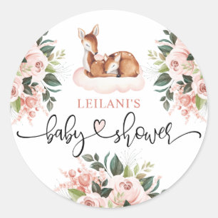 Baby Shower Girl Watercolor Deer Pink Floral Classic Round Sticker