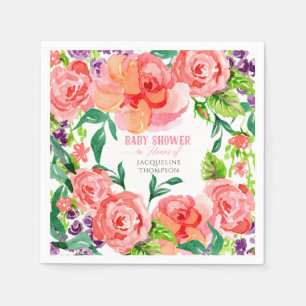 Baby Shower Girl Watercolor Modern Flowers Roses Napkin