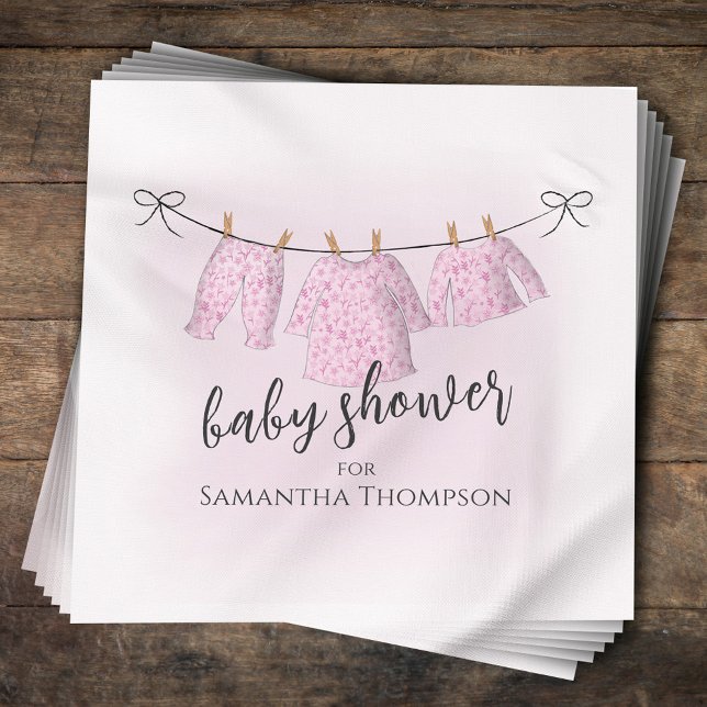 Baby Shower Girl Watercolor Pink Clothesline Napkin (Pink Baby Shower custom napkin. )