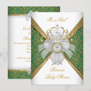 Baby Shower Girl White Green Princess Damask Invitation