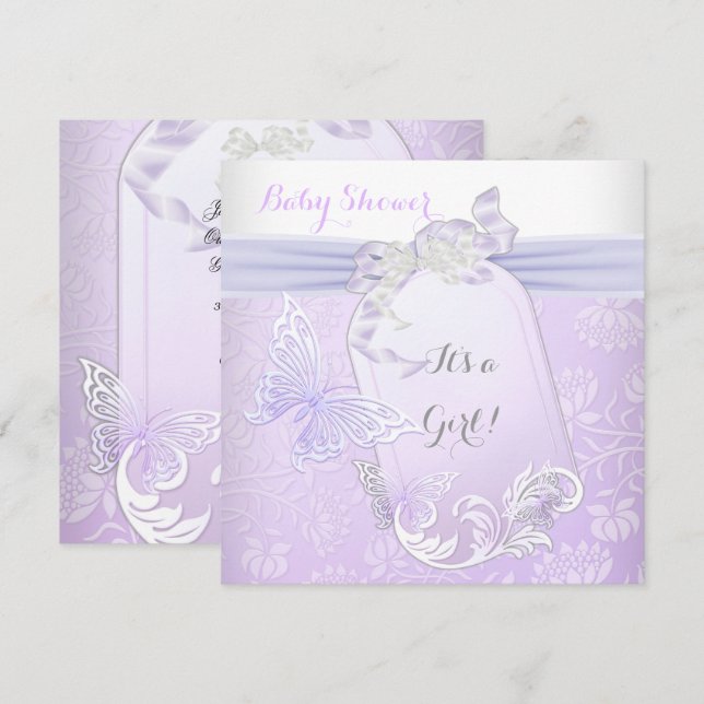 Baby Shower Girl White Lilac Princess Butterfly 2 Invitation (Front/Back)