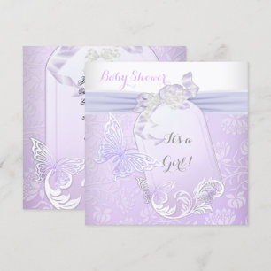 Baby Shower Girl White Lilac Princess Butterfly 2 Invitation