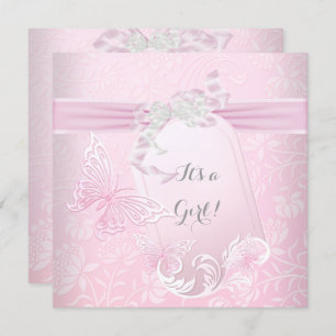 Baby Shower Girl White Pink Princess Butterfly Invitation