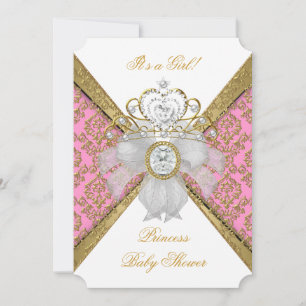 Baby Shower Girl White Pink Princess Damask 2 Invitation