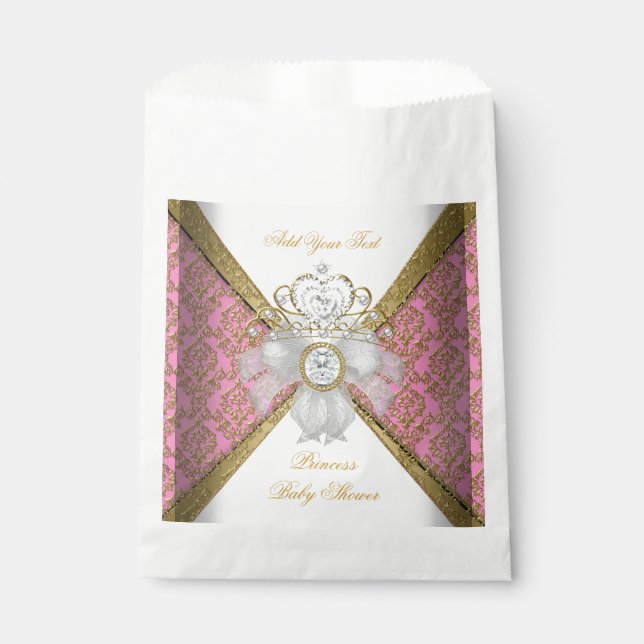 Baby Shower Girl White Pink Princess Damask Favour Bags (Front)