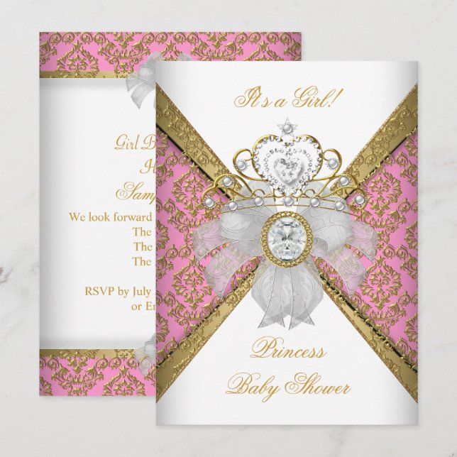 Baby Shower Girl White Pink Princess Damask Invitation (Front/Back)