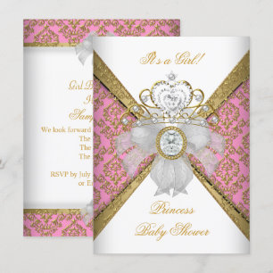 Baby Shower Girl White Pink Princess Damask Invitation