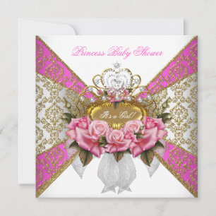 Baby Shower Girl White Pink Princess Damask Rose 2 Invitation