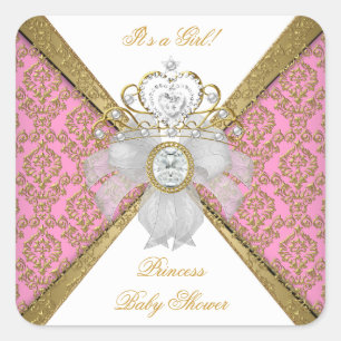 Baby Shower Girl White Pink Princess Damask Square Sticker