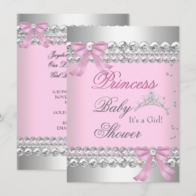 Baby Shower Girl White Pink Princess Tiara Gem 2 Invitation (Front/Back)
