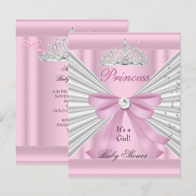 Baby Shower Girl White Pink Princess Tiara Invitation (Front/Back)