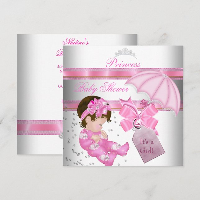 Baby Shower Girl White Pink Princess Tiara Invitation (Front/Back)