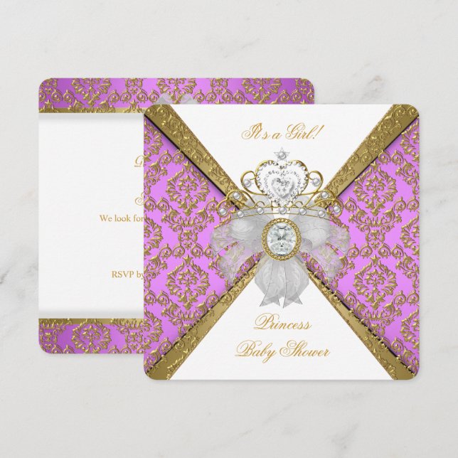 Baby Shower Girl White Purple Princess Damask Invitation (Front/Back)