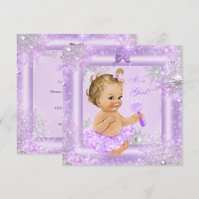 Baby Shower Girl Winter Lavender Snowflake Blonde Invitation (Front/Back)