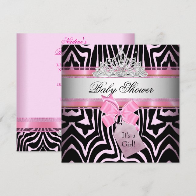 Baby Shower Girl Zebra Pink Princess Black Invitation (Front/Back)