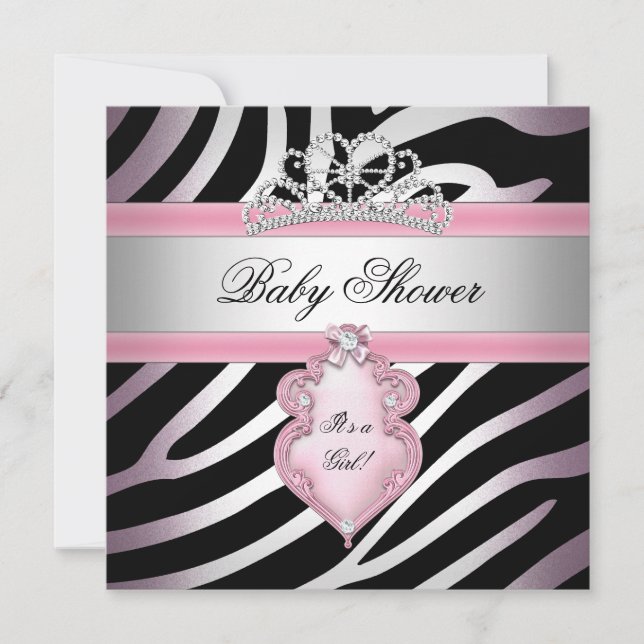 Baby Shower Girl Zebra Pink Princess Black Invitation (Front)
