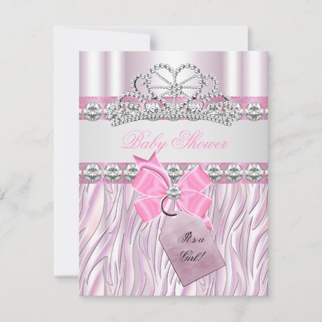 Baby Shower Girl Zebra Pink Princess Tiara Diamond Invitation (Front)