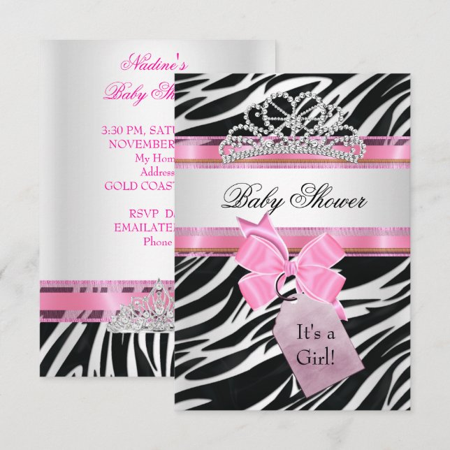 Baby Shower Girl Zebra Pink Princess Tiara Invitation (Front/Back)