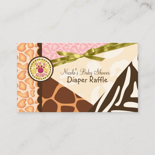 Baby Shower Girls Pink Safari Print Diaper Raffle Enclosure Card (Front)