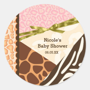 Baby Shower Girls Pink Safari Print Themed Party Classic Round Sticker