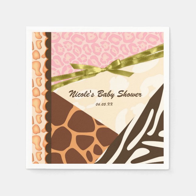 Baby Shower Girls Pink Safari Print Themed Party Napkin (Front)
