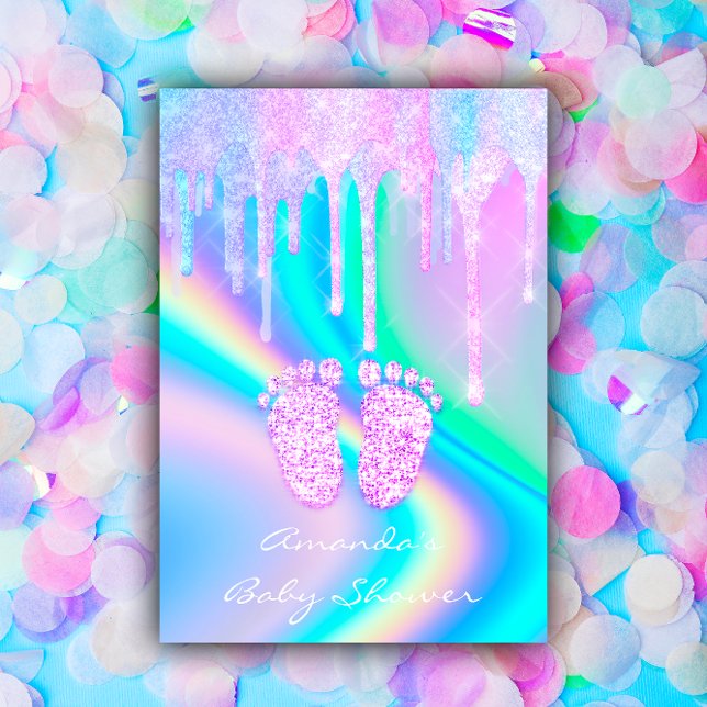 Baby Shower Girly Feet Glitter Drips Unicorn Holog Invitation (Baby Shower Girly Feet Glitter Drips Unicorn Holog Invitation)
