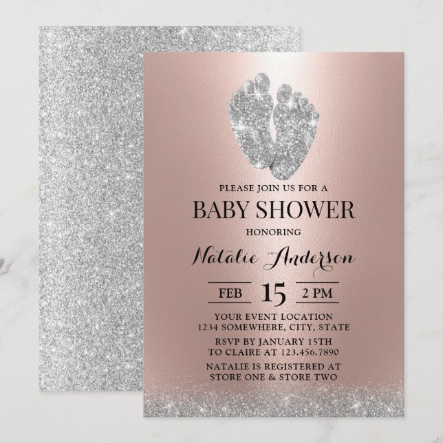  Baby Shower Glitter Baby Feet Modern Rose Gold  Invitation (Front/Back)