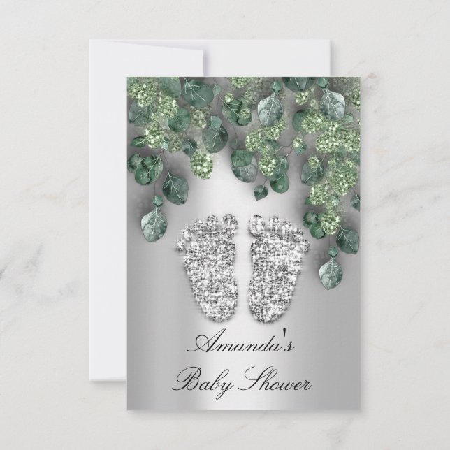 Baby Shower Glitter Feet Grey Eucalyptus Greenery Invitation (Back)