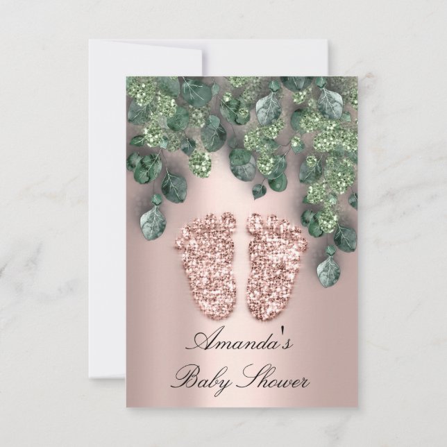 Baby Shower Glitter Feet Rose Eucalyptus Greenery Invitation (Back)