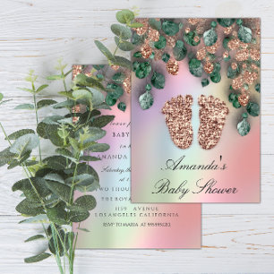 Baby Shower Glitter Feet Rose Glitter Green  Invitation
