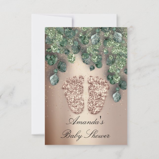 Baby Shower Glitter Feet Rose Woodland Gold Invitation (Back)
