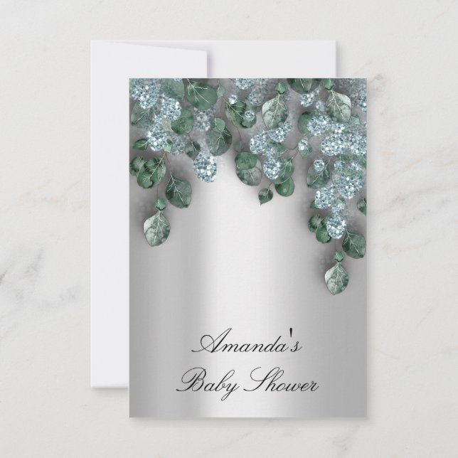 Baby Shower Glitter Grey Eucalyptus Green Blue Invitation (Back)