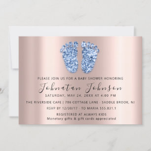 Baby Shower Glitter Rose  Blue Feet Grey Boy Girl Invitation