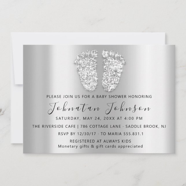 Baby Shower Glitter Silver Grey Feet Grey Boy Girl Invitation (Front)