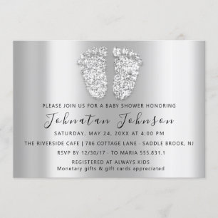 Baby Shower Glitter Silver Grey Feet Grey Boy Girl Invitation