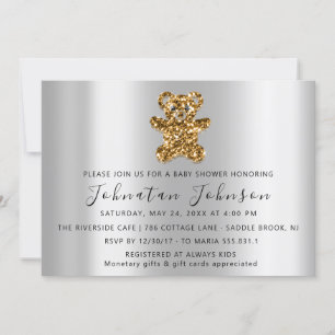 Baby Shower Glitter Silver Sweet Bear Gold Boy  Invitation