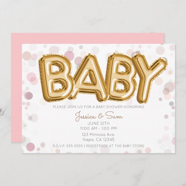 BABY Shower Gold Balloons Modern Chic Pink Invitation (Front/Back)