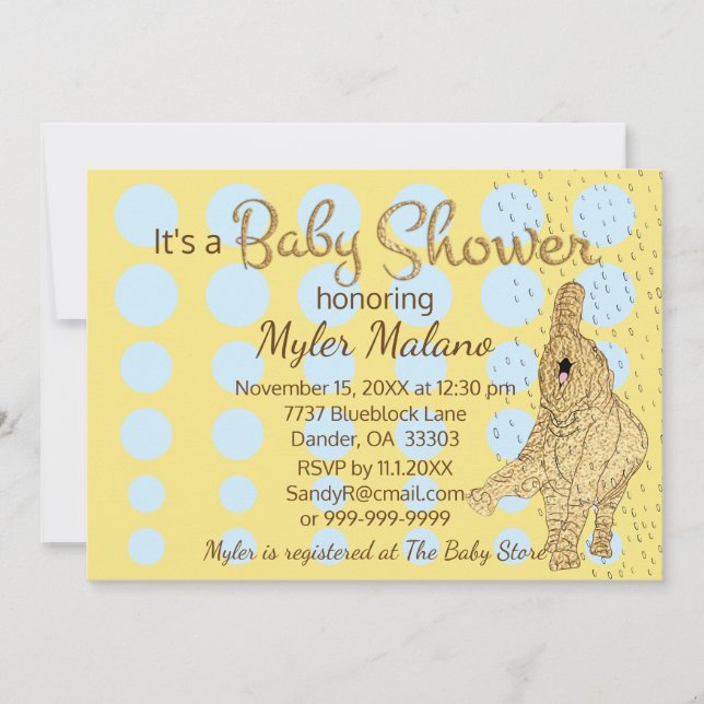 Baby Shower Gold Blue Baby Elephant Blue Invitation (Front)